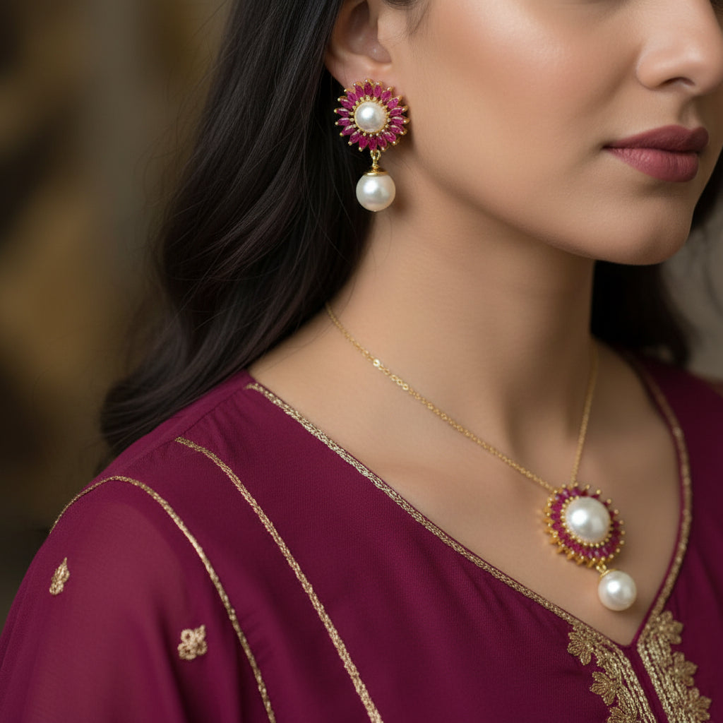 Jewelry set with pearls and pink gemstones on a dark background, featuring the brand 'Saheli'.