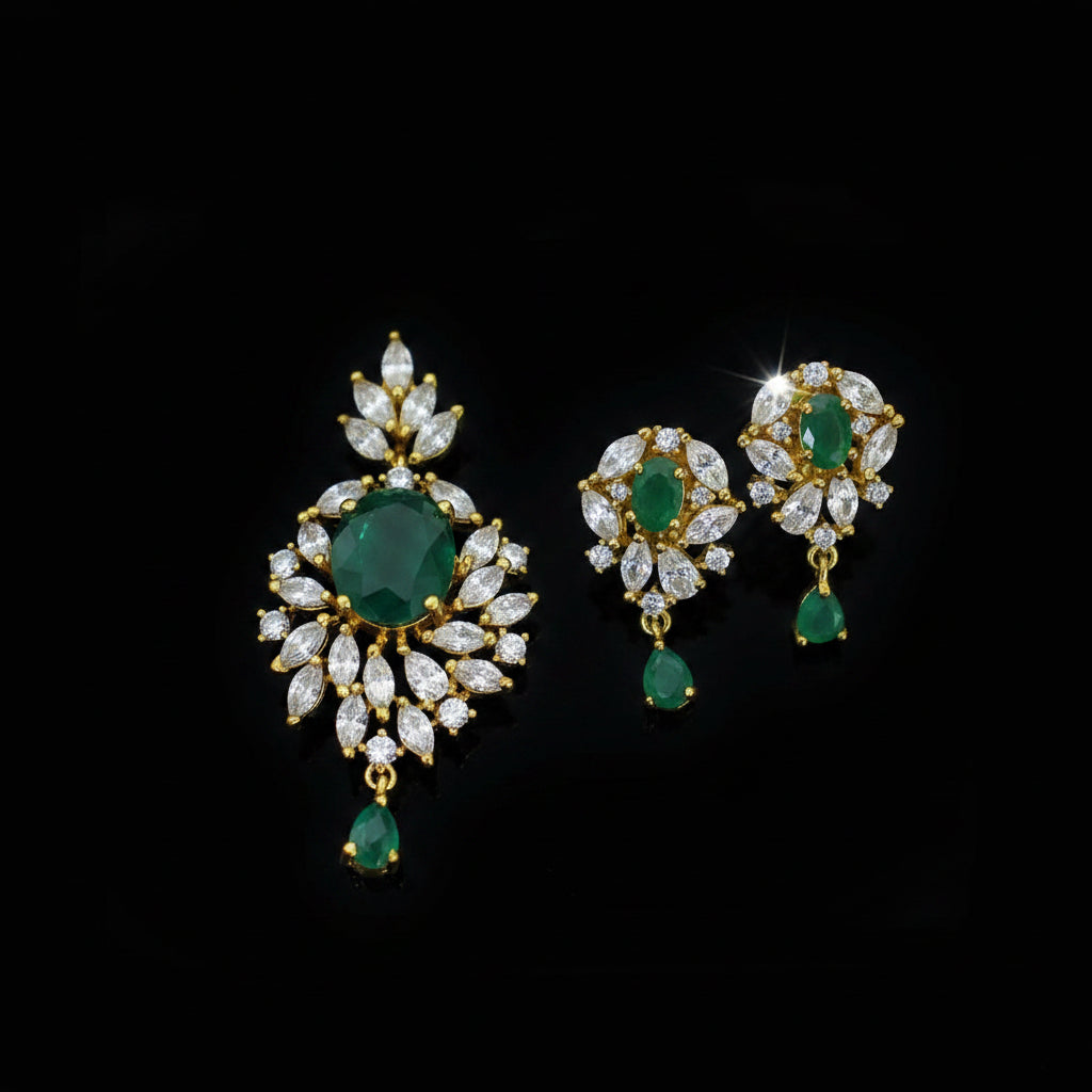 Gold and green gemstone earrings on a dark background with 'Saheli' branding.