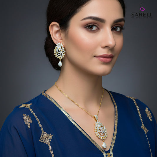 Gold and diamond earrings on a dark background with 'Saheli' branding.