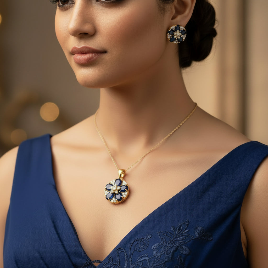 Jewelry set with pendant and earrings on a black stand, branded 'Saheli'.