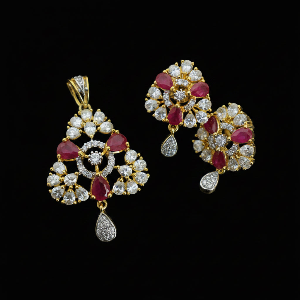 Gold, diamond, and ruby jewelry set with 'SAHELI' branding on a dark background