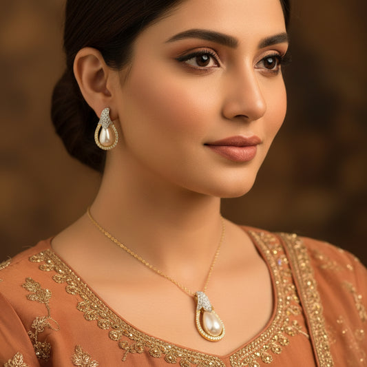 Pearl and diamond earrings on a black stand with 'SAHELLI' branding.