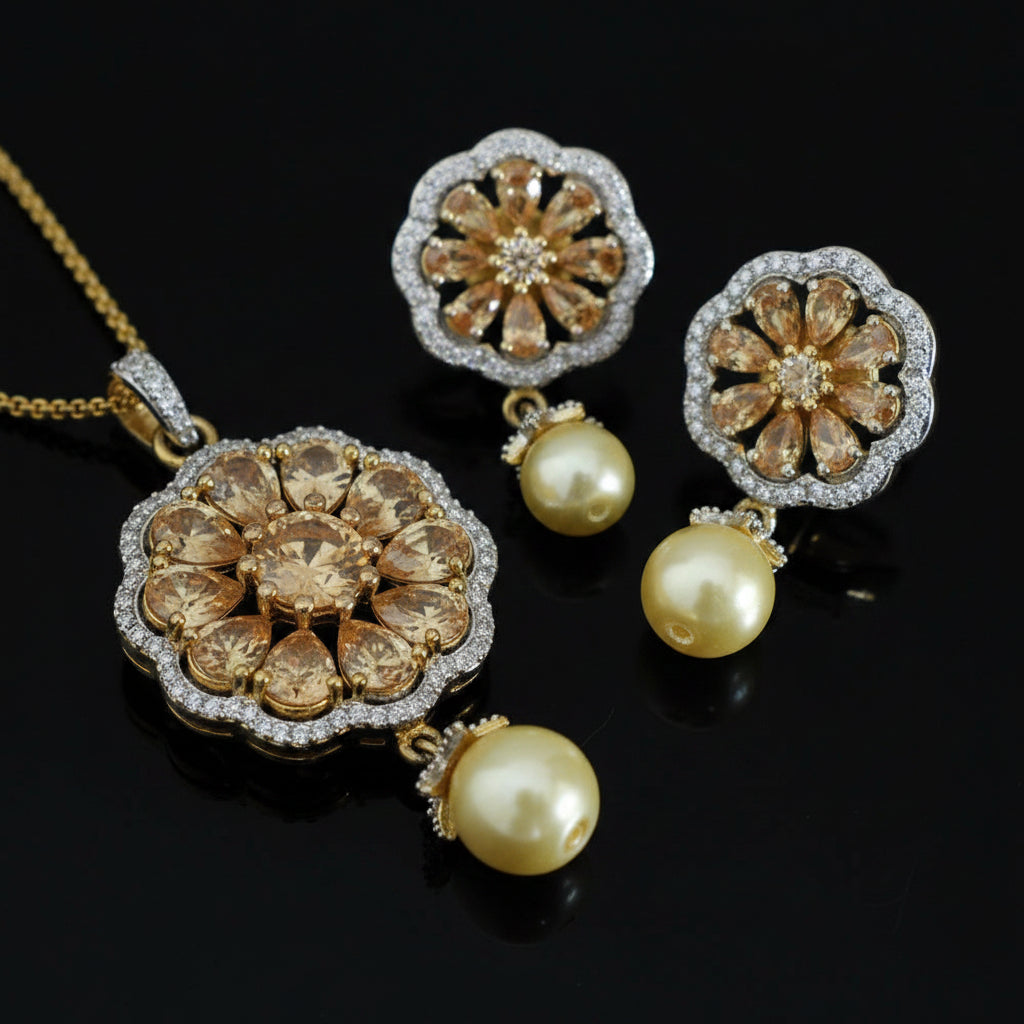 Gold and pearl earrings on a dark background with 'SAHELI' branding.