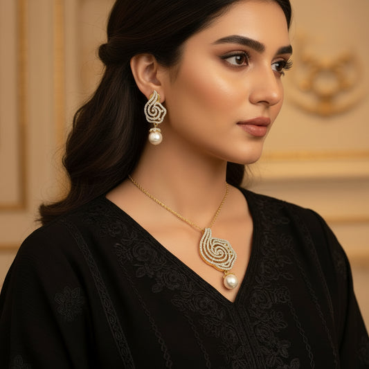 Ornate earrings with pearls on a dark background, featuring the brand 'Saheli'.