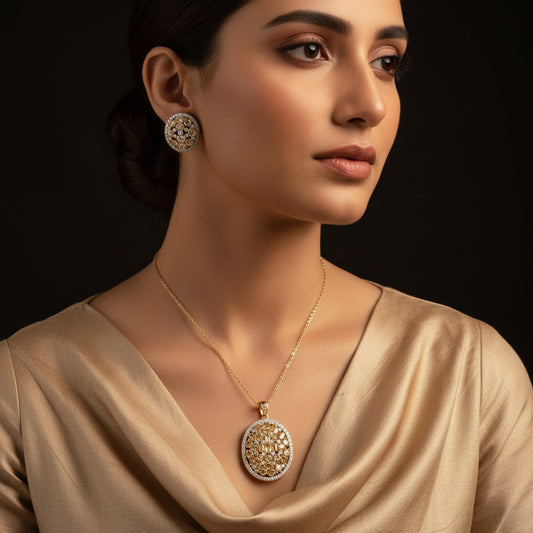 Jewelry set with pendant and earrings on a dark background, branded 'SAHELI'.