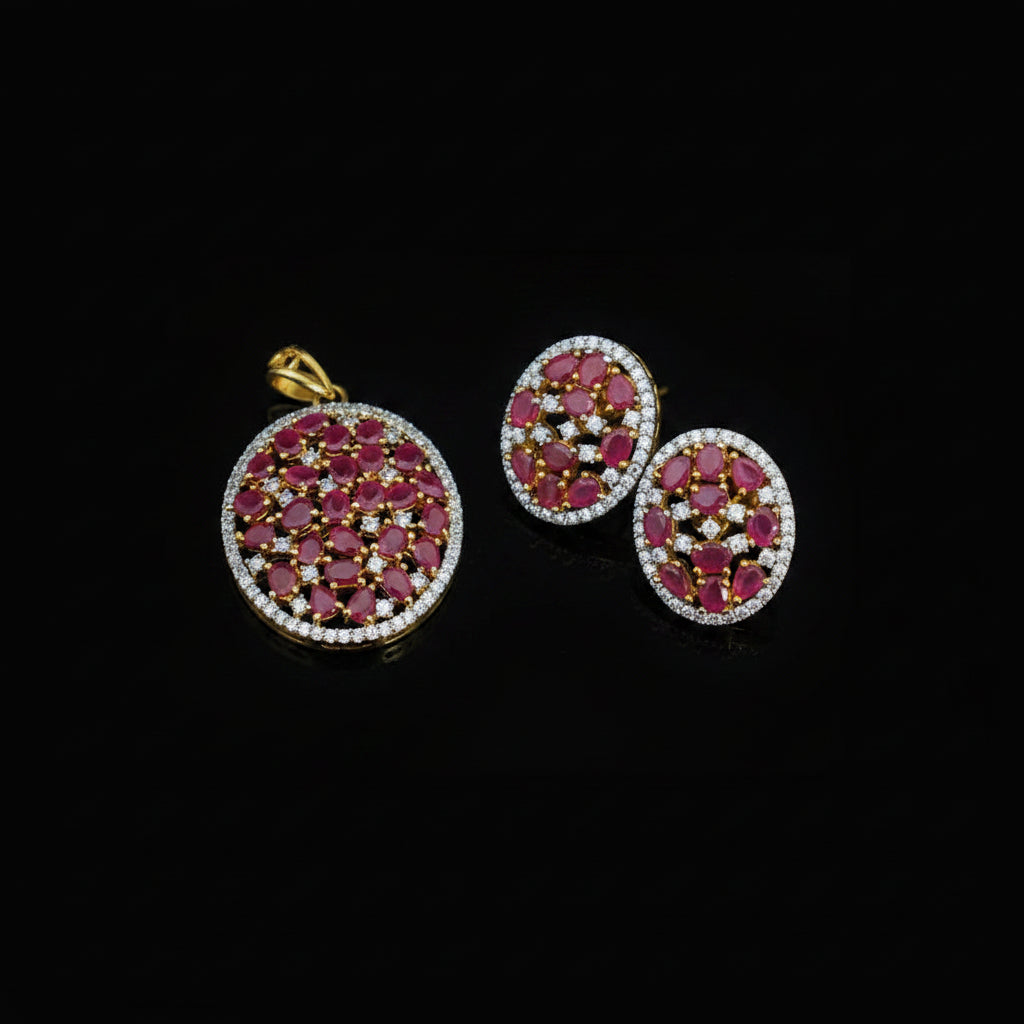 Jewelry set with pink gemstones and gold accents on a dark background, branded 'Saheli'.