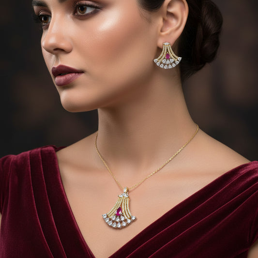Diamond earrings with red gemstones on a dark background, branded 'Saheli'.