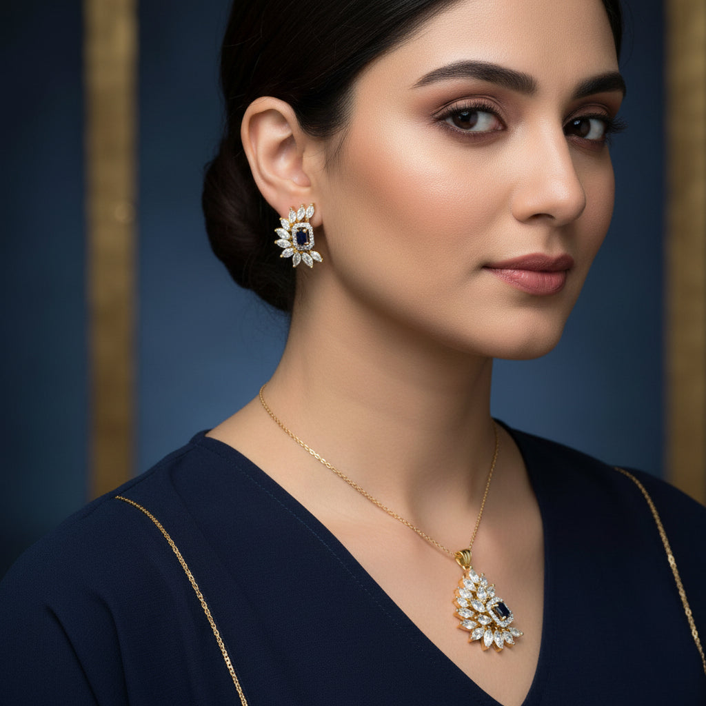 Pair of gold and blue gemstone earrings with a 'Saheli' tag on a dark background