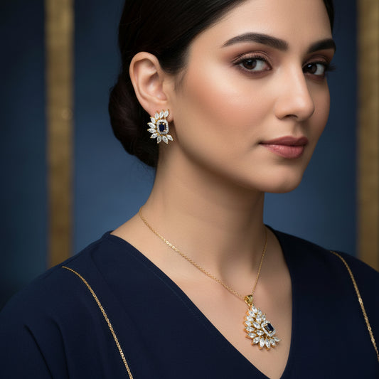 Pair of gold and blue gemstone earrings with a 'Saheli' tag on a dark background