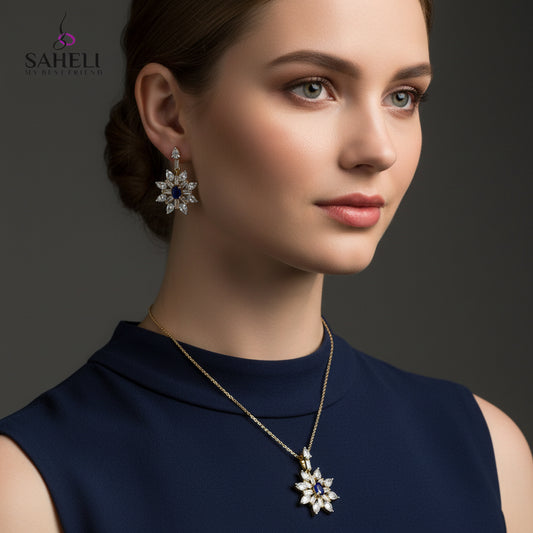 Flower-shaped earrings with blue centers on a gray background, branded 'Saheli'.
