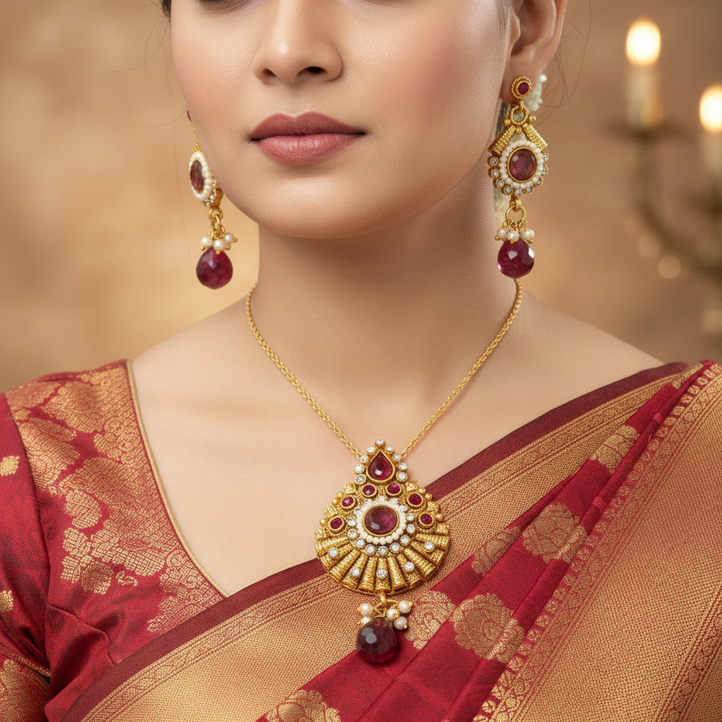 Gold and red earrings with 'Saheli' branding on a dark background
