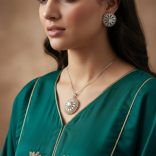 Two circular pendants with intricate designs on a dark background, featuring the brand 'SAHELLI'.
