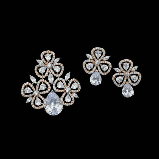 Pair of diamond earrings on a dark background with 'Saheli' branding.