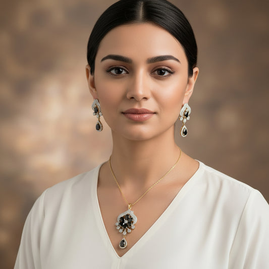 Diamond earrings on a dark background with 'Saheli' branding.