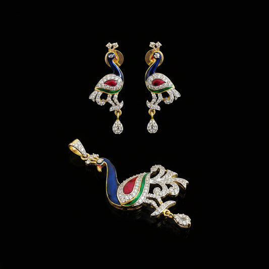 Peacock-shaped earrings and pendant with 'SAHELI' branding on a gray background