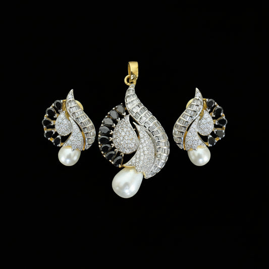 Diamond and pearl earrings on a reflective surface with 'Saheli' branding.