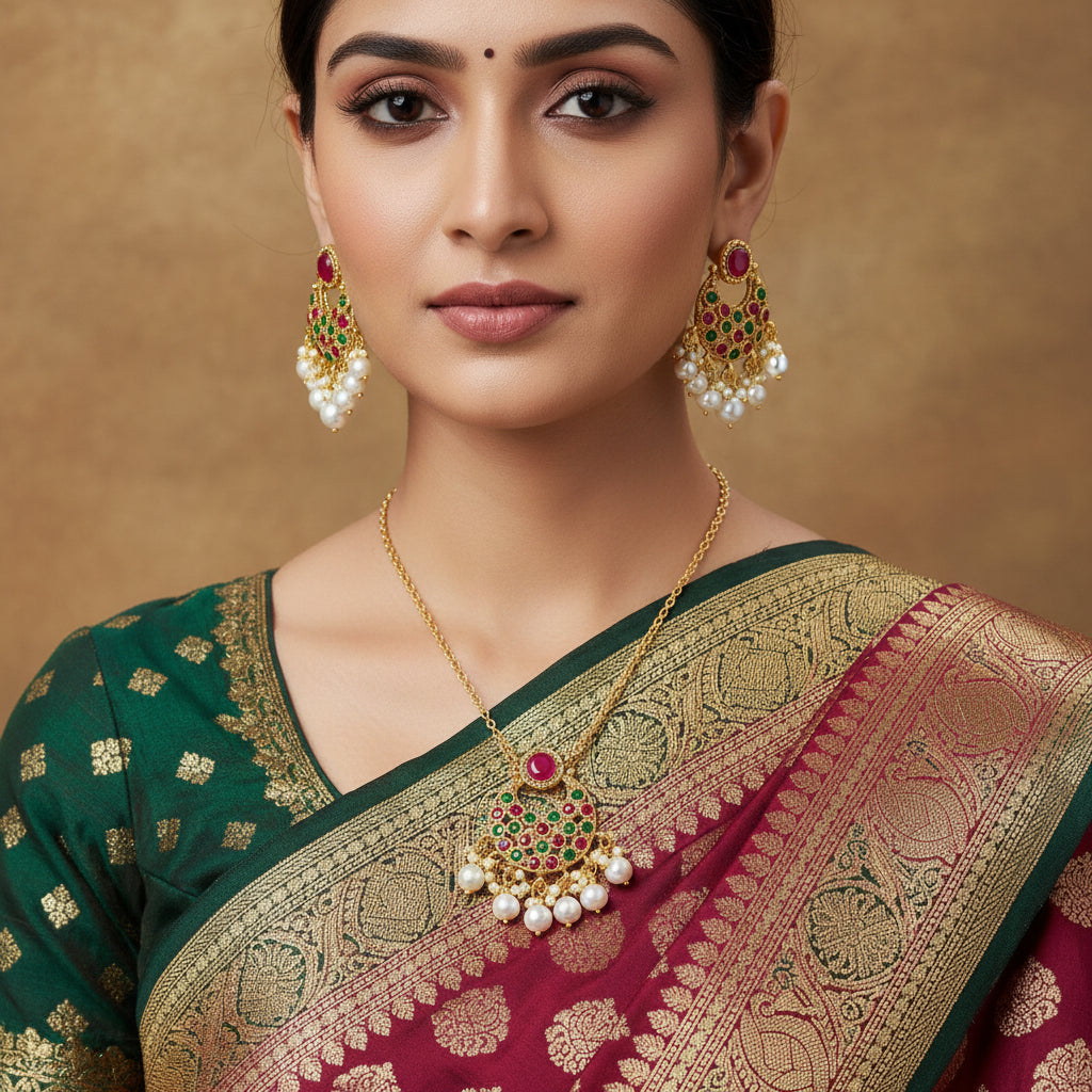 Gold earrings with pearls and gemstones on a dark background, featuring the brand 'Saheli'.