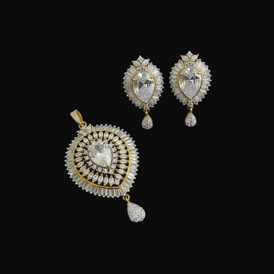 Gold and diamond pendant and earrings on a dark background with 'Saheli' branding.