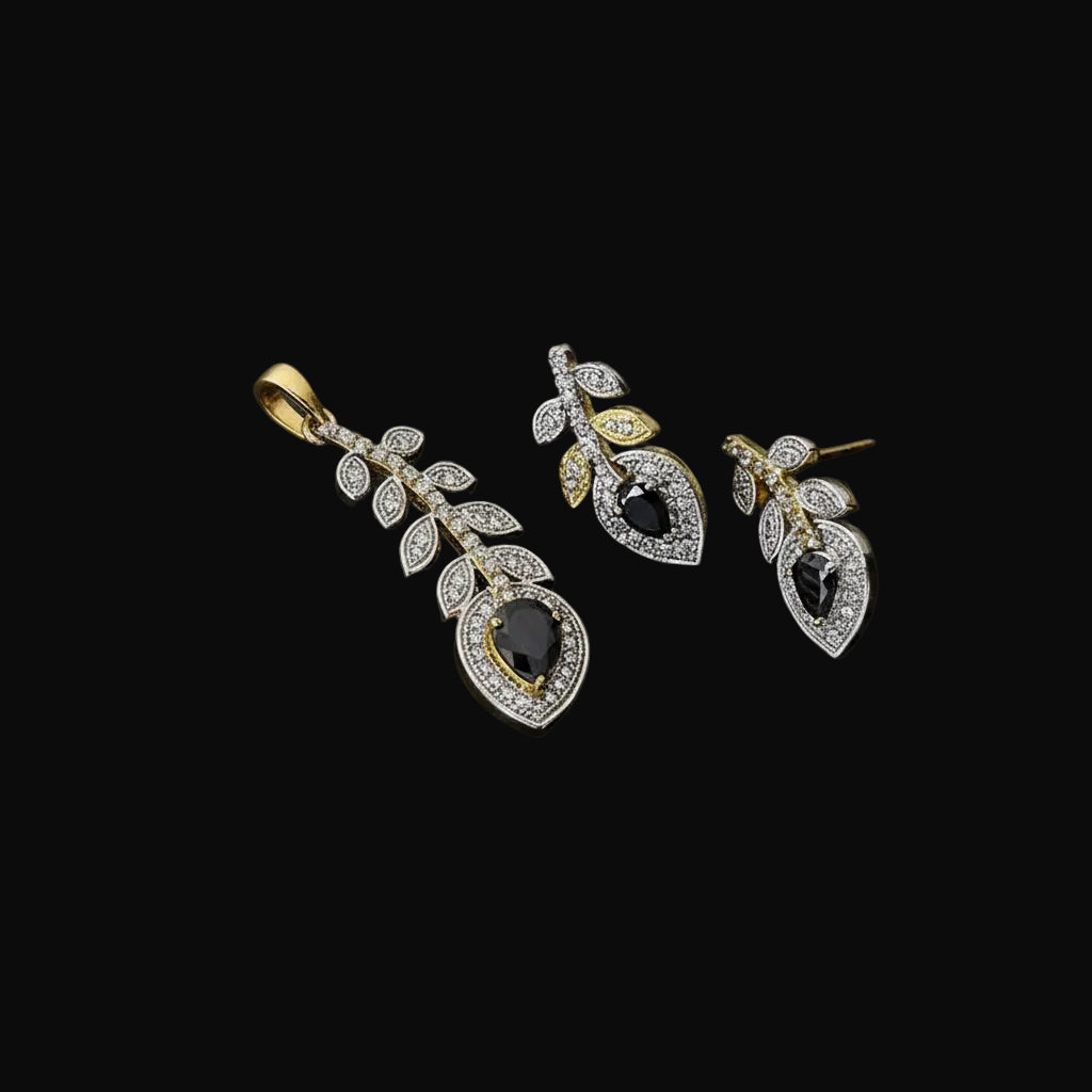 Gold and silver earrings on a dark background with 'Saheli' branding.