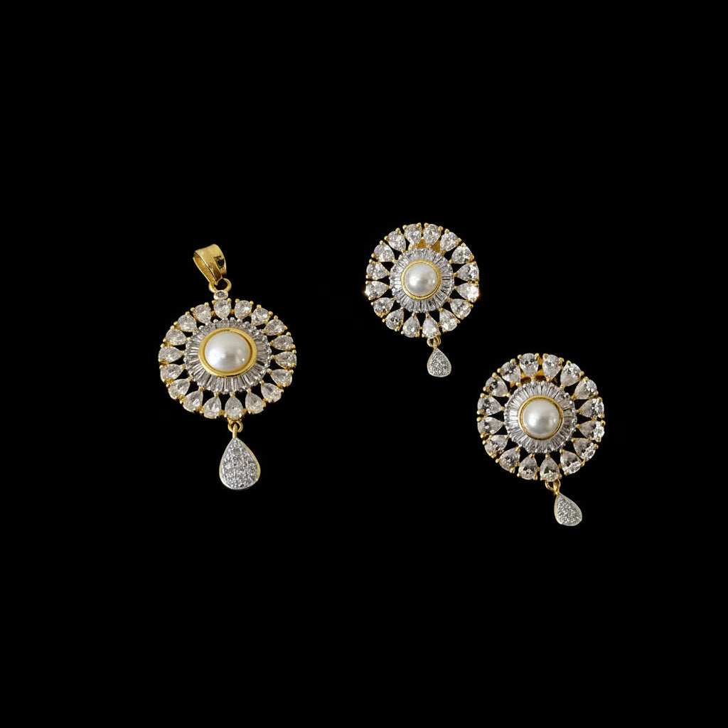 Gold and diamond jewelry set with 'Saheli' branding on a dark background
