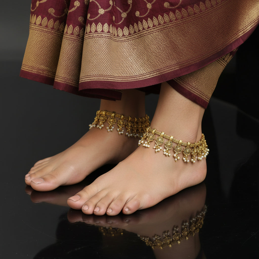 Gold necklace with floral designs on a dark background, featuring the brand 'Saheli'.
