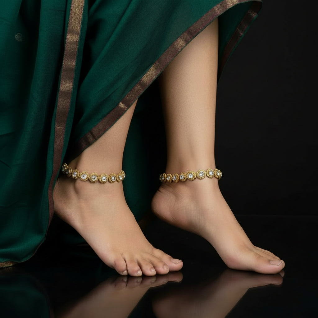 Gold necklace with white stones on a black background, featuring the brand 'Saheli'.