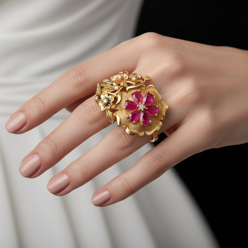 Gold and red gemstone ring on a black glove with 'SAHELI' branding.