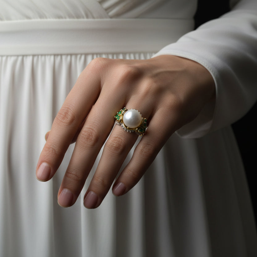 Gold ring with a pearl and gemstones on a gray background, featuring the brand 'SAHELL'.