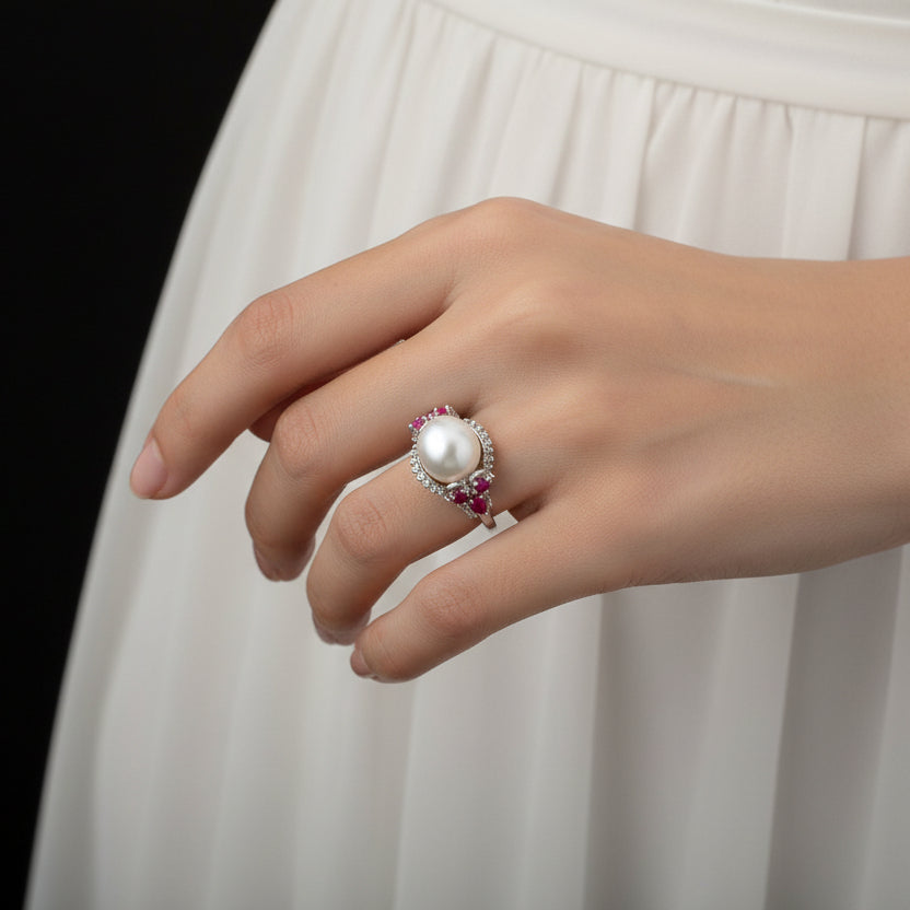 Silver ring with a pearl and red gemstones on a gray background, branded 'Saheili'.