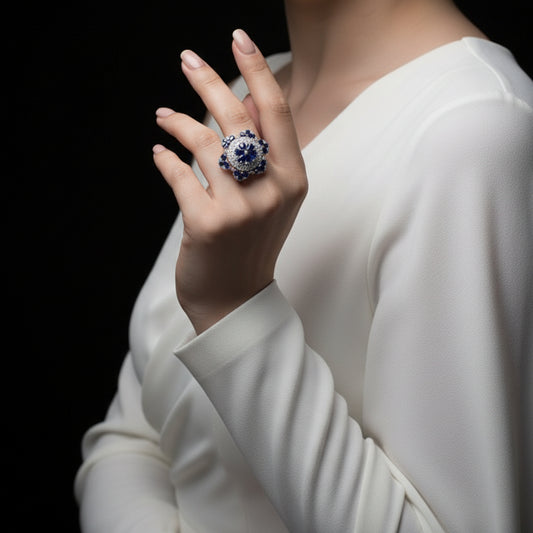 Jewelry ring with blue gemstones on a dark background, branded 'SAHELI'.