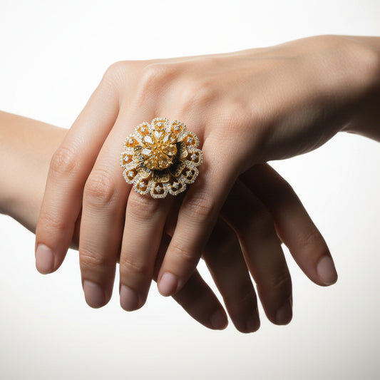 Gold floral ring with diamonds on a gray background, brand 'Saheli' visible.