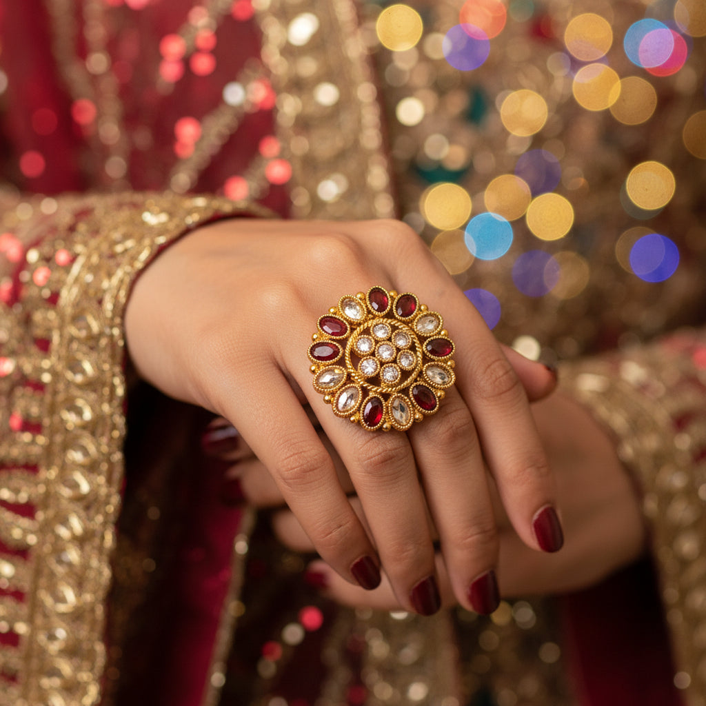 A large gold-toned statement ring with red and clear stones, displayed on a black velvet hand. The brand logo 'SAHeli My Best Friend' is visible in the center.