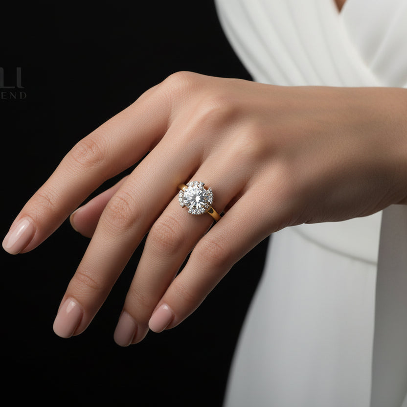 Diamond ring on a dark stone surface with 'Saheli' branding.