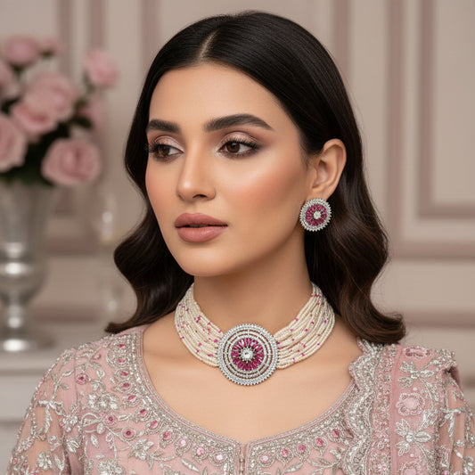 Jewelry set with necklace and earrings on a black background
