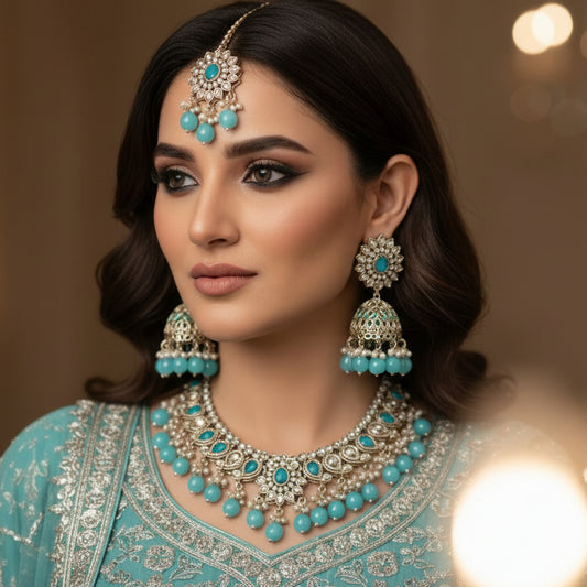 Jewelry set with necklace and earrings on a black stand, SJNX logo visible