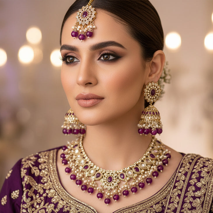 Jewelry set with necklace and earrings on a black stand, SJNX brand visible.