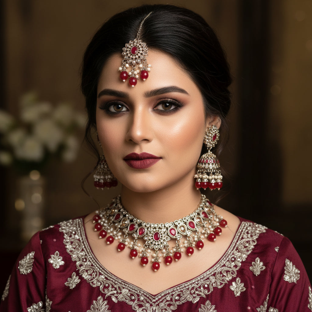 Jewelry set with choker, earrings, and necklace on a black background with 'Saheli' branding.