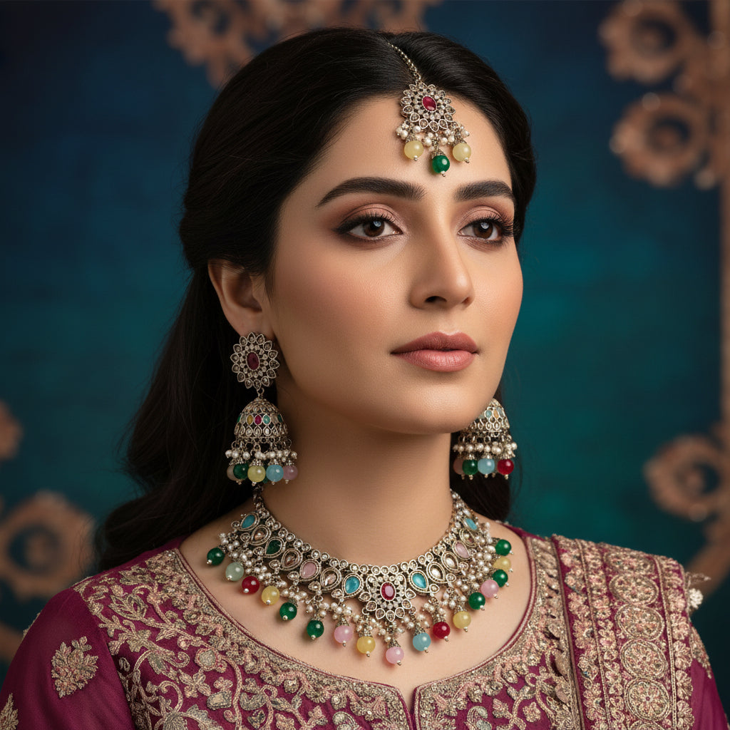 Jewelry set with necklace and earrings on a black background, featuring the brand 'SAHELI'.