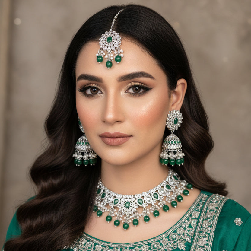 Jewelry set with necklace, earrings, and ring on a black background with 'SAHELI' branding.