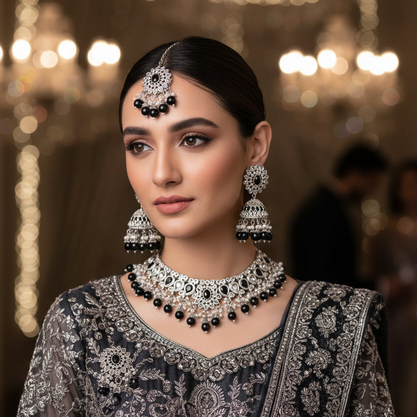 Jewelry set with necklace and earrings on a black background, featuring the brand 'Saheli'.