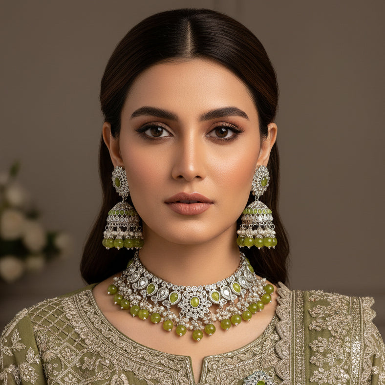 Jewelry set with necklace, earrings, and ring on a black background with 'Saheli' branding.