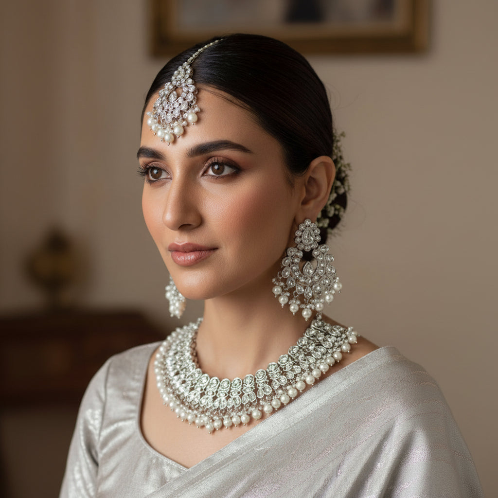 Silver necklace with matching earrings on a dark background