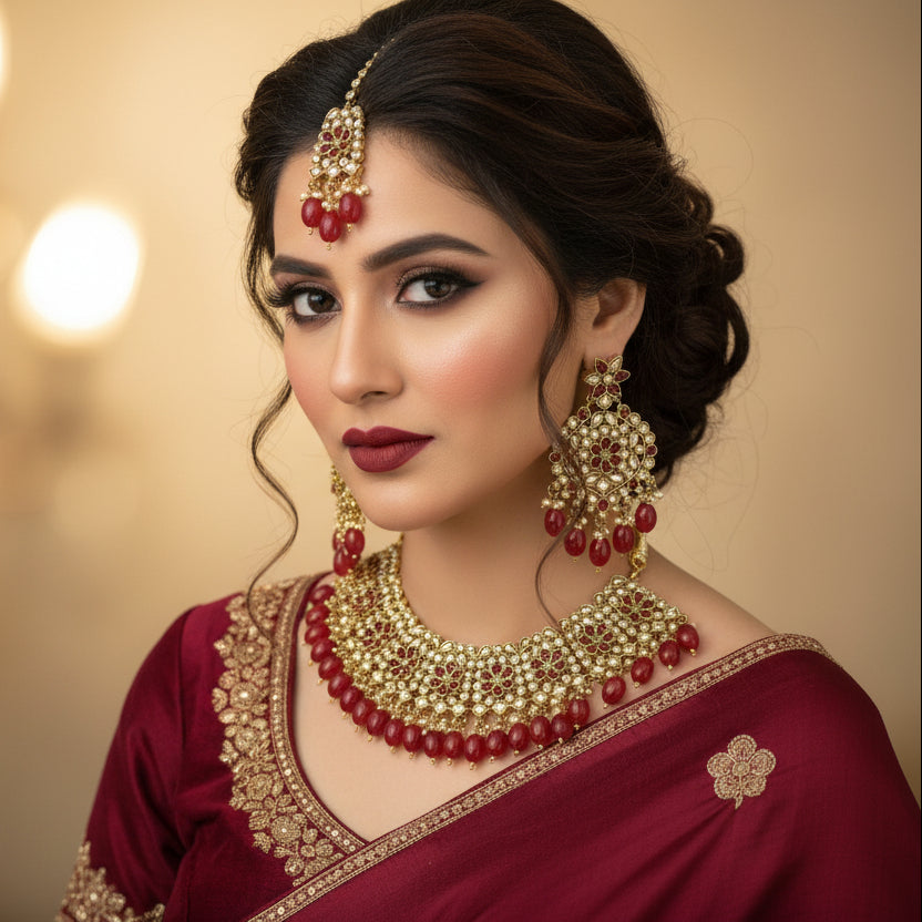 Ornate jewelry set with red stones and gold accents on a dark background, featuring the brand 'Saheli'.