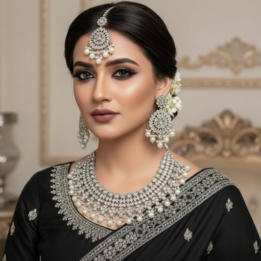 Silver necklace with matching earrings on a dark background