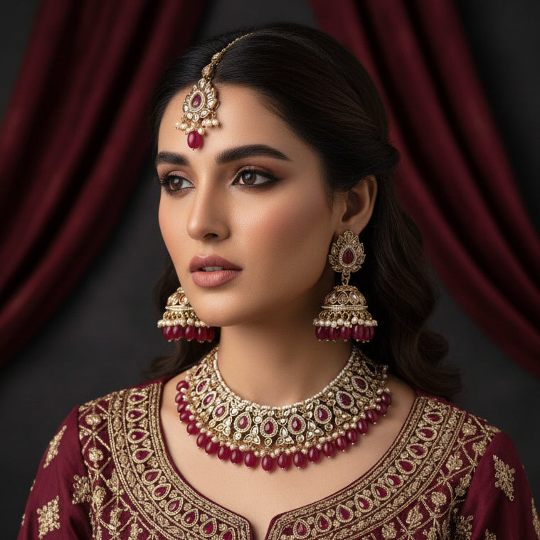 Mehendi Polish choker set with matching earrings on a gray stand.