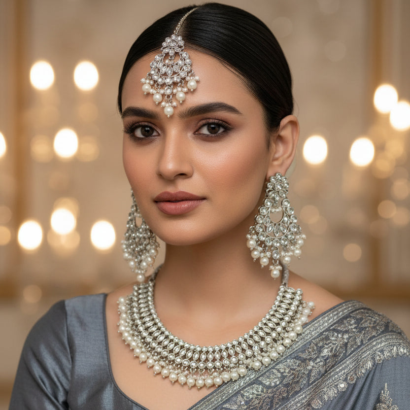 Silver necklace and earrings set on a dark background