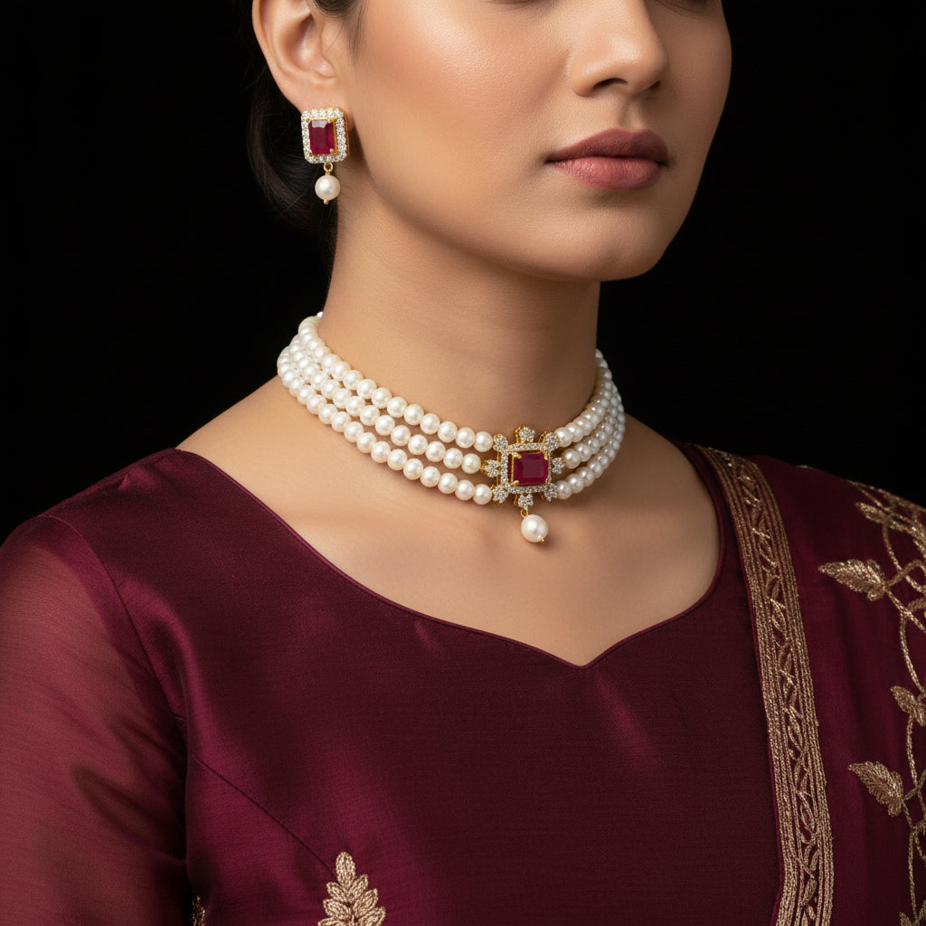 Pearl necklace with red gemstones and matching earrings on a gray background, featuring the brand 'Saheli'.