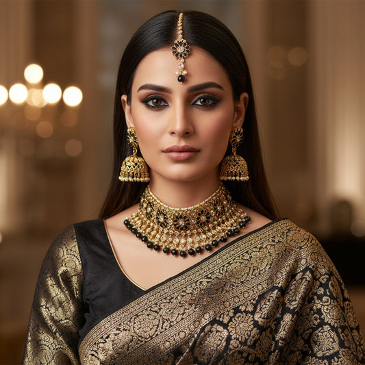 Ornate gold and black jewelry set on a dark background with 'SAHELI' branding.