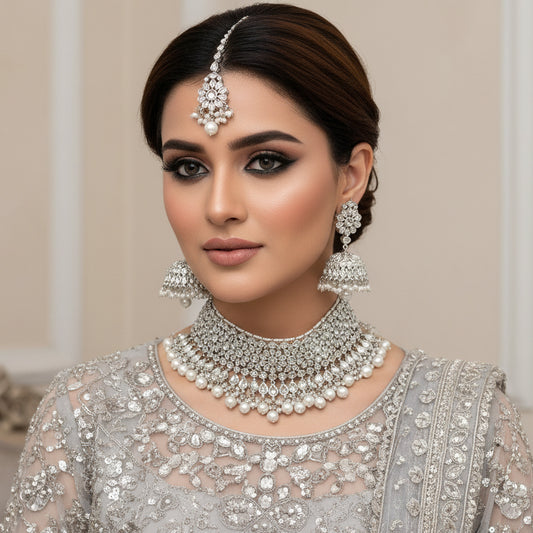 Silver jewelry set with necklace, earrings, and maang tikka on a dark surface with 'Saheli' branding.