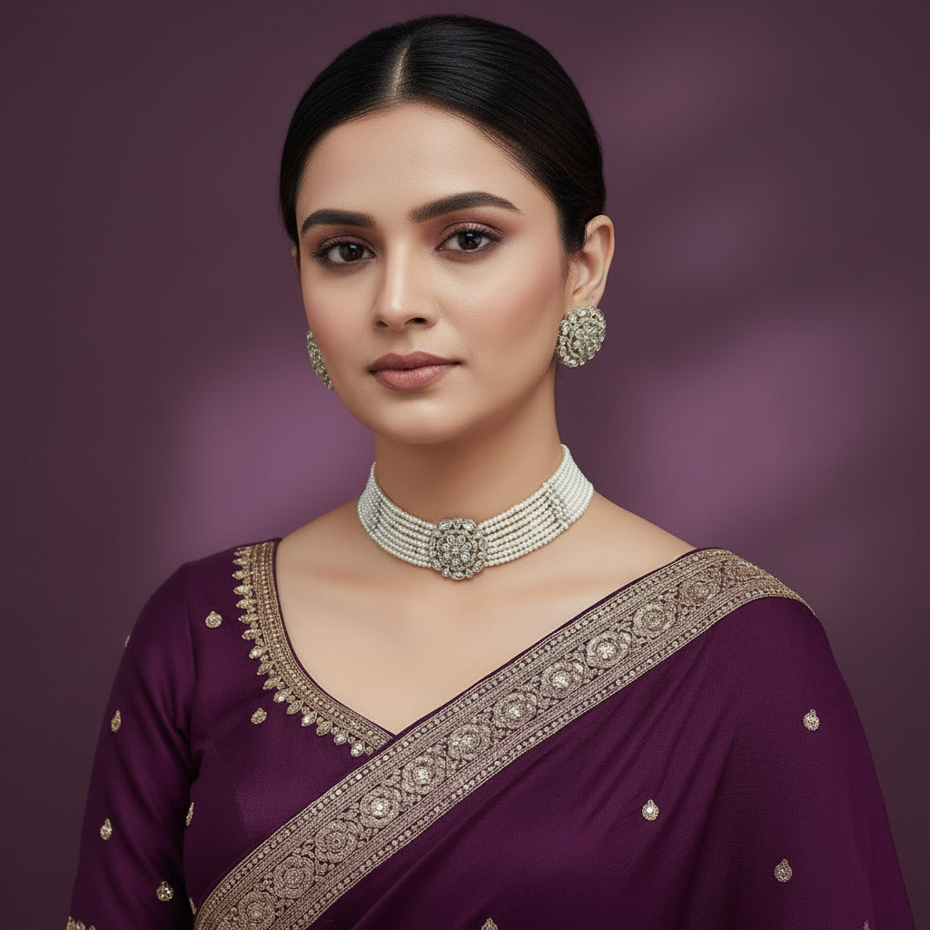 Pearl necklace and earrings set on a purple background